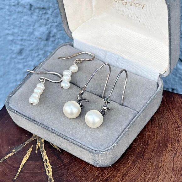 Vintage Sterling Silver Faux Pearl Earring Set Marcasite Details - Picture 3 of 5